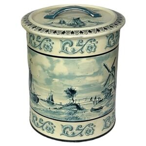 Vintage WEST GERMANY Dutch Scene Metal Tin Lidded Canister Windmill Delft Style